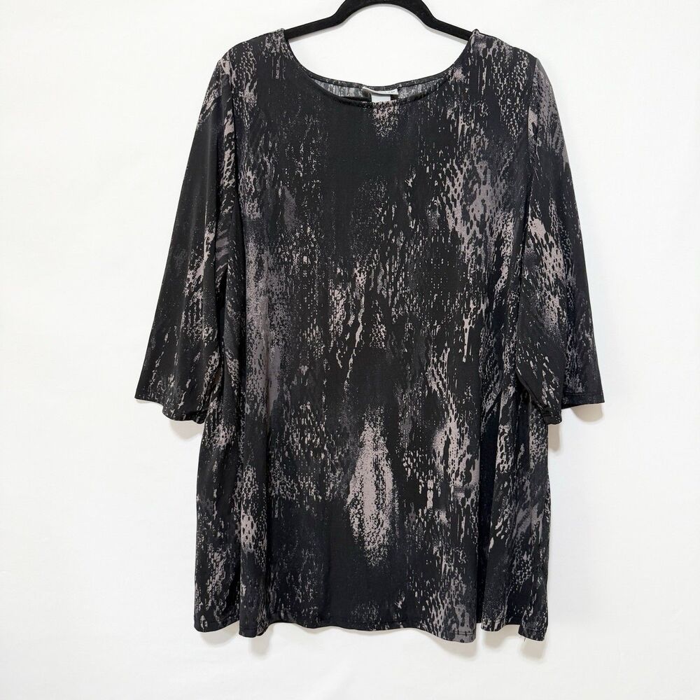 Catherines 2X Black Purple Snake Print 3/4 Sleeve Tunic Top Plus Size Blouse